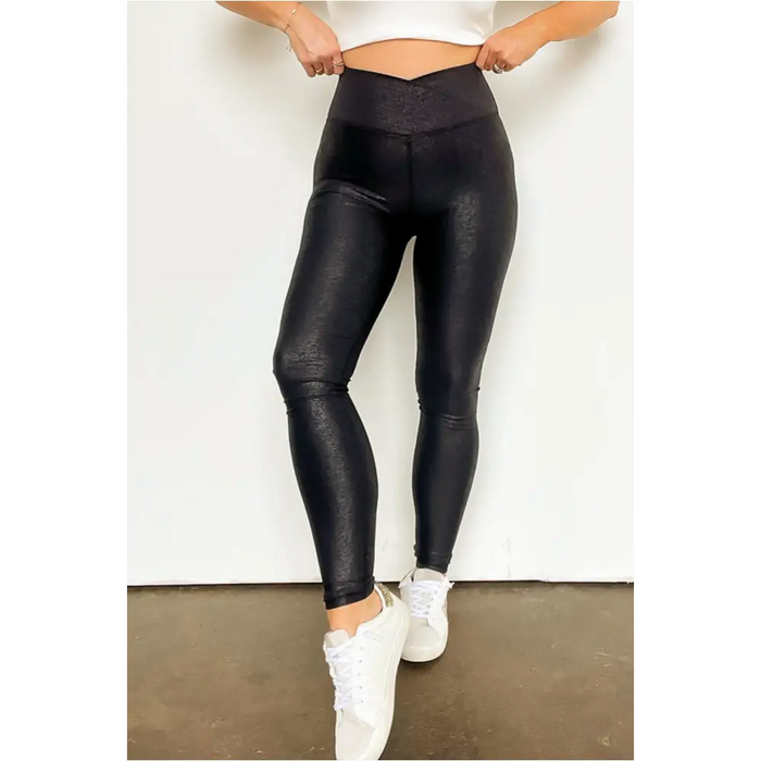 Legging en cuir élégant noir à taille croisée-3