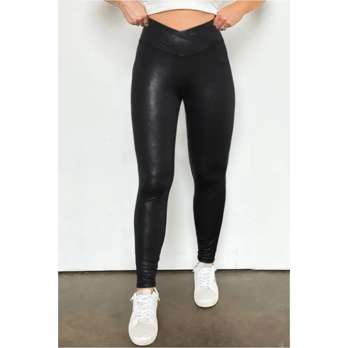 Legging en cuir élégant noir à taille croisée-0