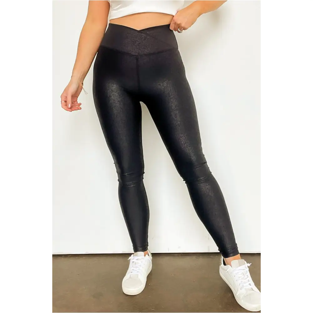 Legging en cuir élégant noir à taille croisée-2