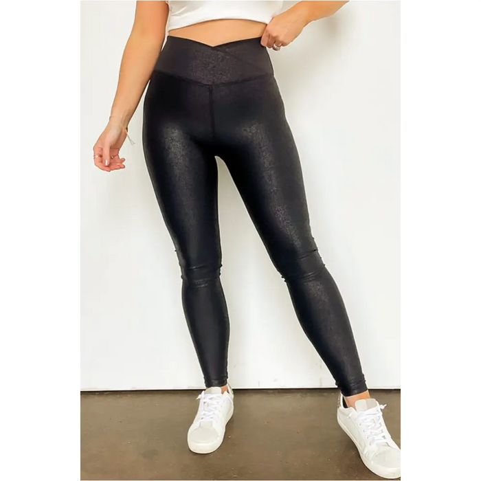 Legging en cuir élégant noir à taille croisée-2