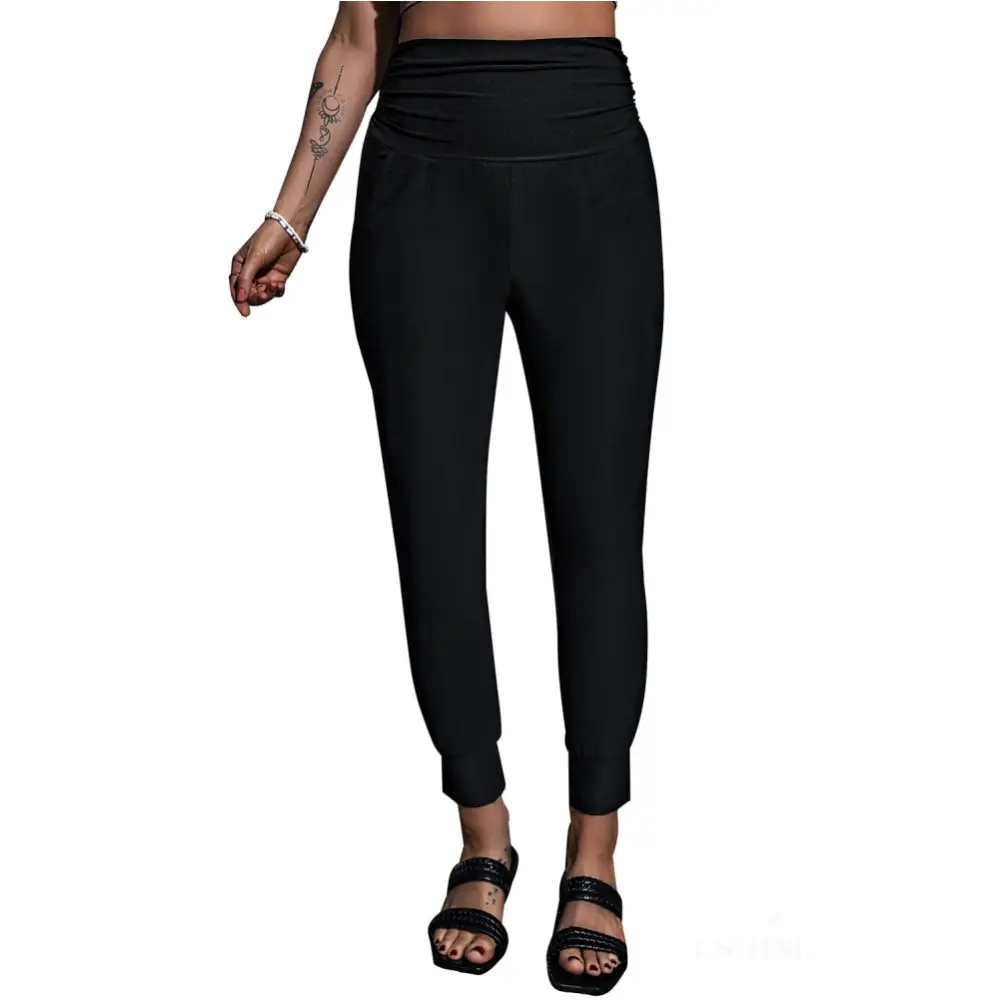 Legging noir taille haute avec poche plissée-18