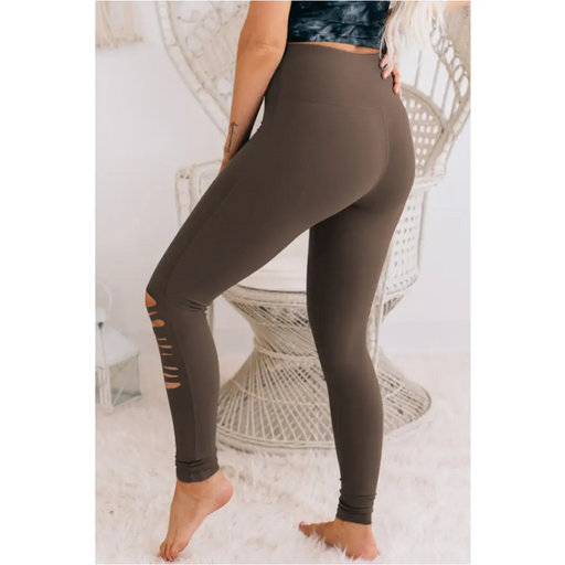 Legging skinny taille haute découpé marron foncé-1