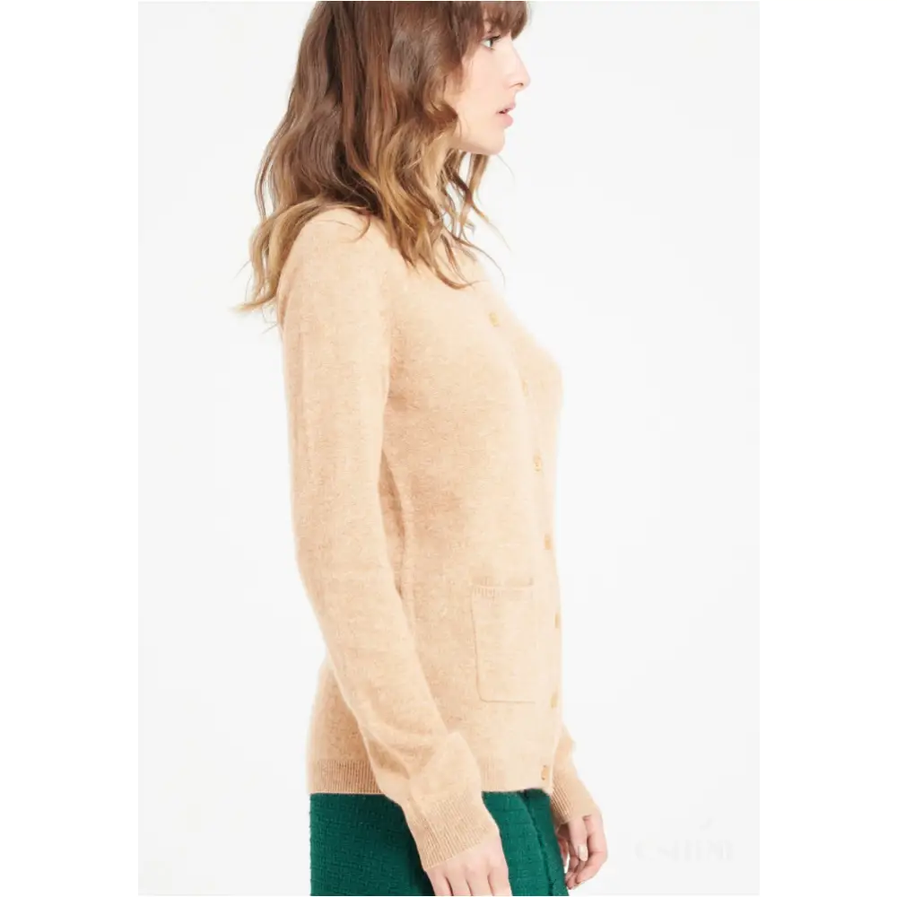 LILLY 4 Cardigan col rond en cachemire cintré camel clair-3