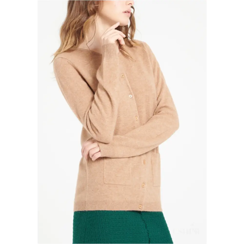 LILLY 4 Cardigan col rond en cachemire cintré camel-2