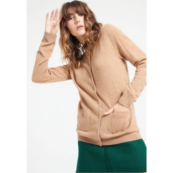 LILLY 4 Cardigan col rond en cachemire cintré camel-3