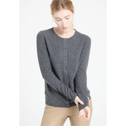 LILLY 4 Cardigan col rond en cachemire cintré gris anthracite-0