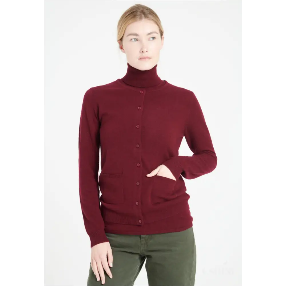 LILLY 4 Cardigan col rond en cachemire cintré rouge bordeaux-0