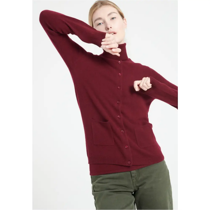 LILLY 4 Cardigan col rond en cachemire cintré rouge bordeaux-2