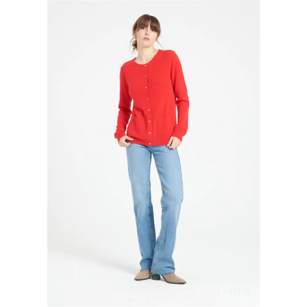 LILLY 4 Cardigan col rond en cachemire cintré rouge-0