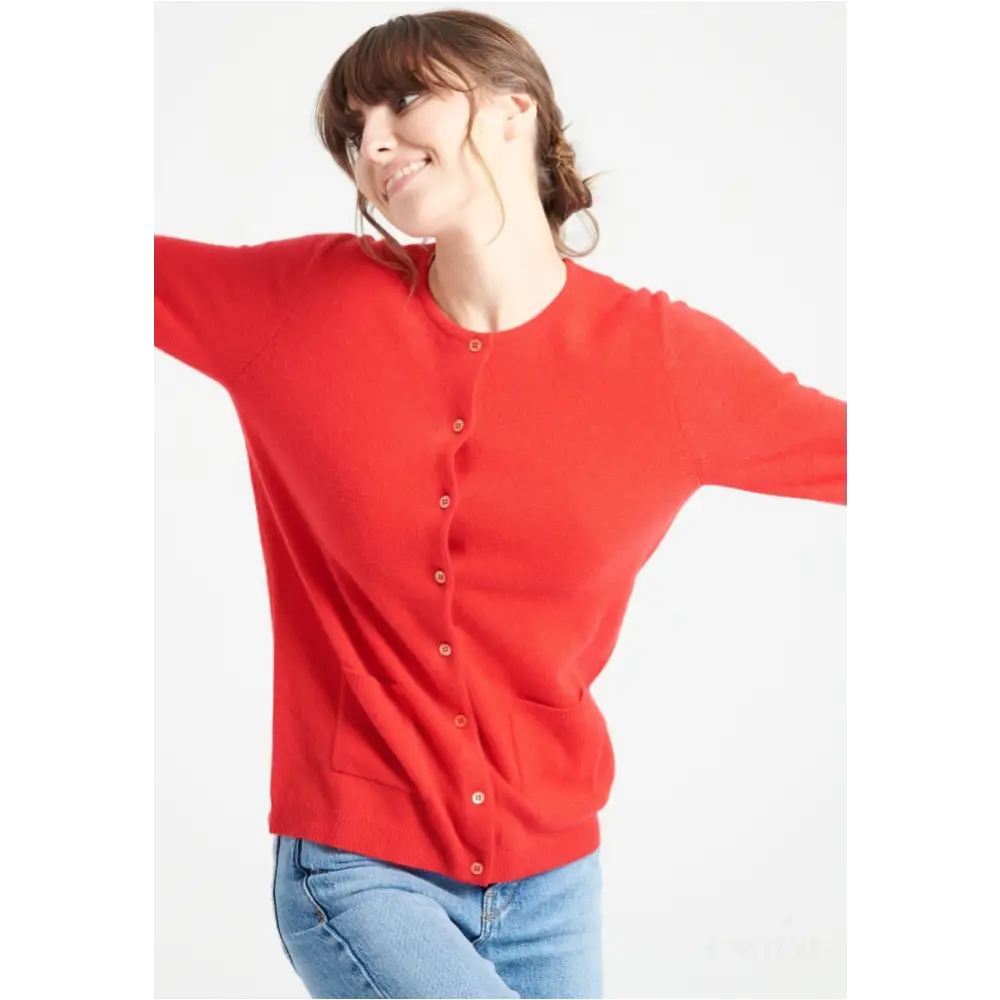 LILLY 4 Cardigan col rond en cachemire cintré rouge-1