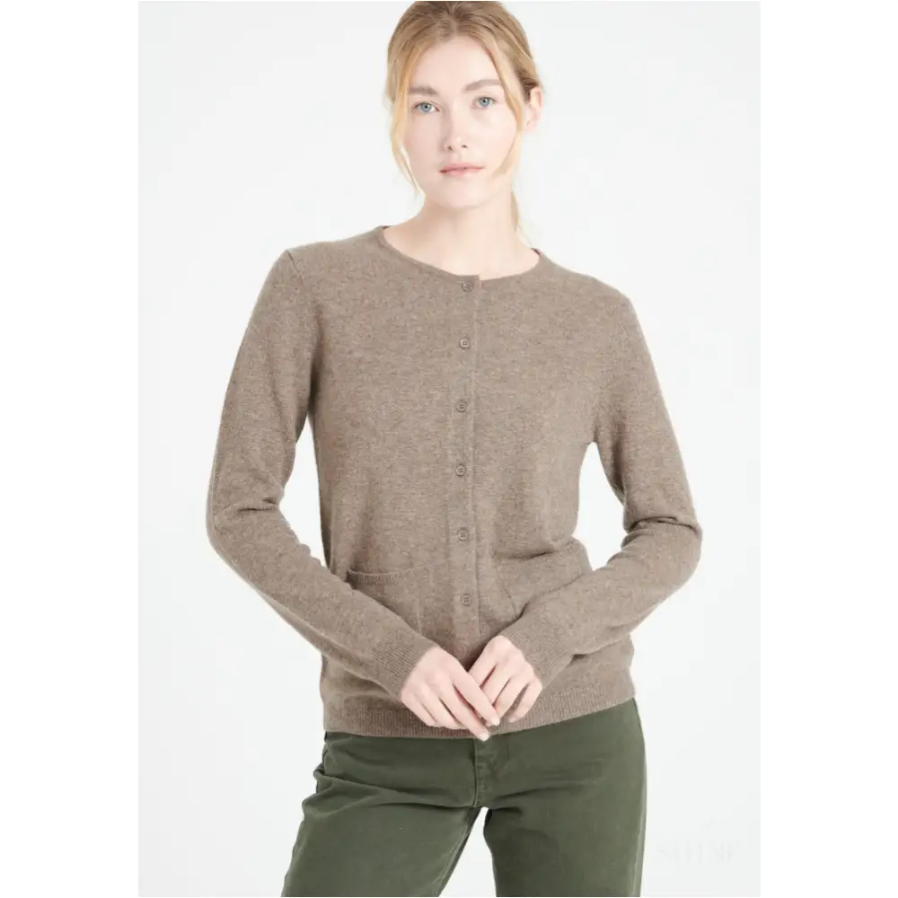 LILLY 4 Cardigan col rond en cachemire cintré taupe-0