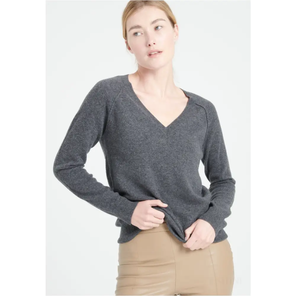 LILLY 6 Pull col V en cachemire ample gris anthracite-0