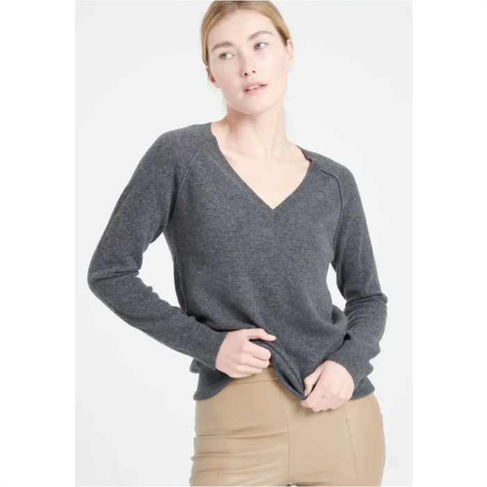 LILLY 6 Pull col V en cachemire ample gris anthracite-0