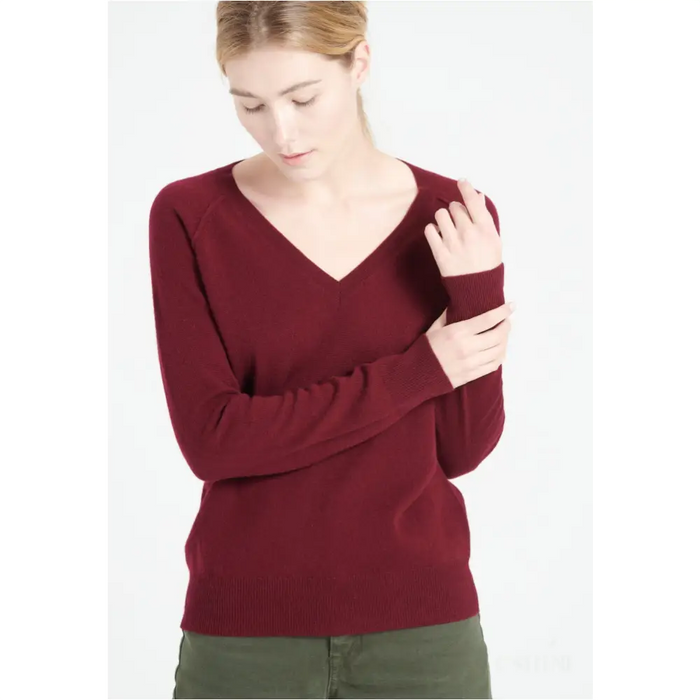 LILLY 6 Pull col V en cachemire ample rouge bordeaux-2