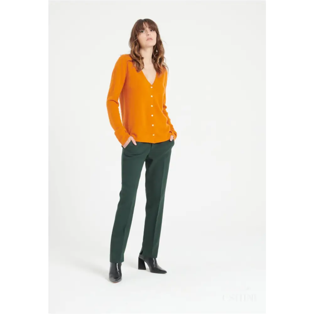 LILLY 7 Cardigan col V en cachemire cintré orange citrouille-1