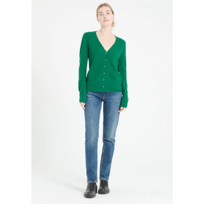 LILLY 7 Cardigan col V en cachemire cintré vert émeraude-1