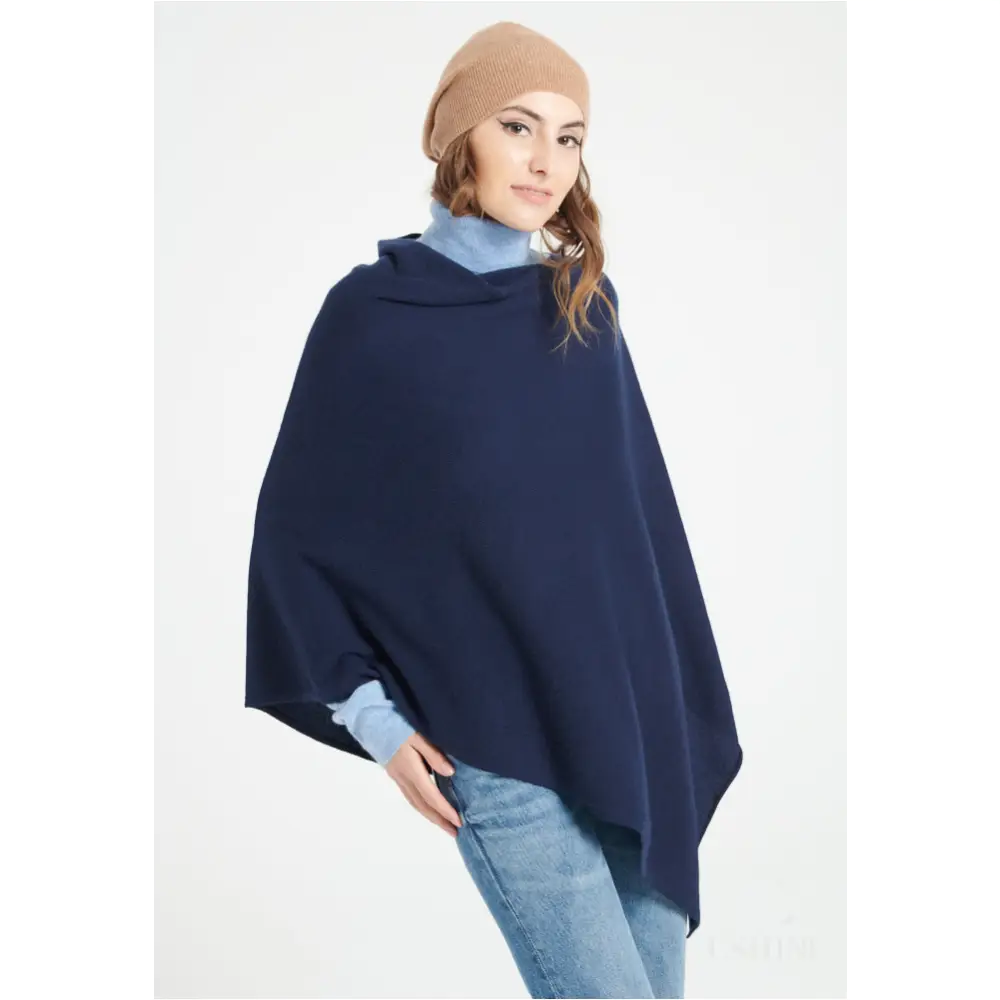 LILLY 9 Poncho col V en cachemire bleu marine-0