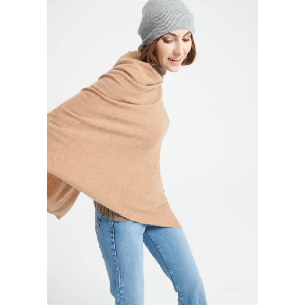 LILLY 9 Poncho col V en cachemire camel-1