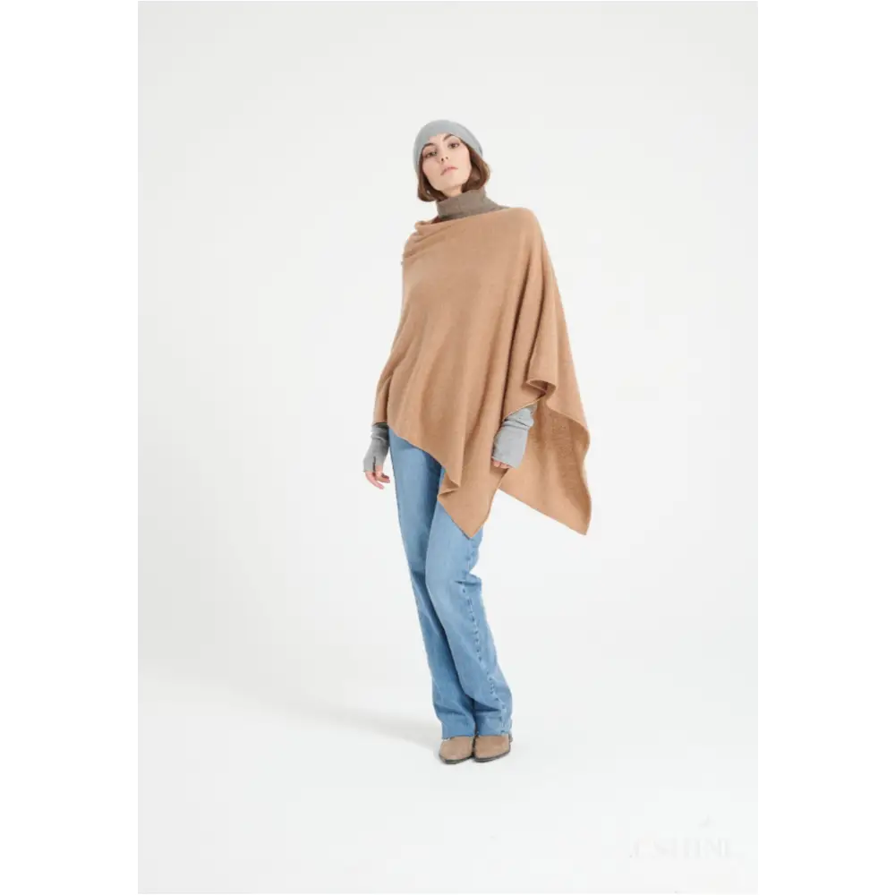 LILLY 9 Poncho col V en cachemire camel-0