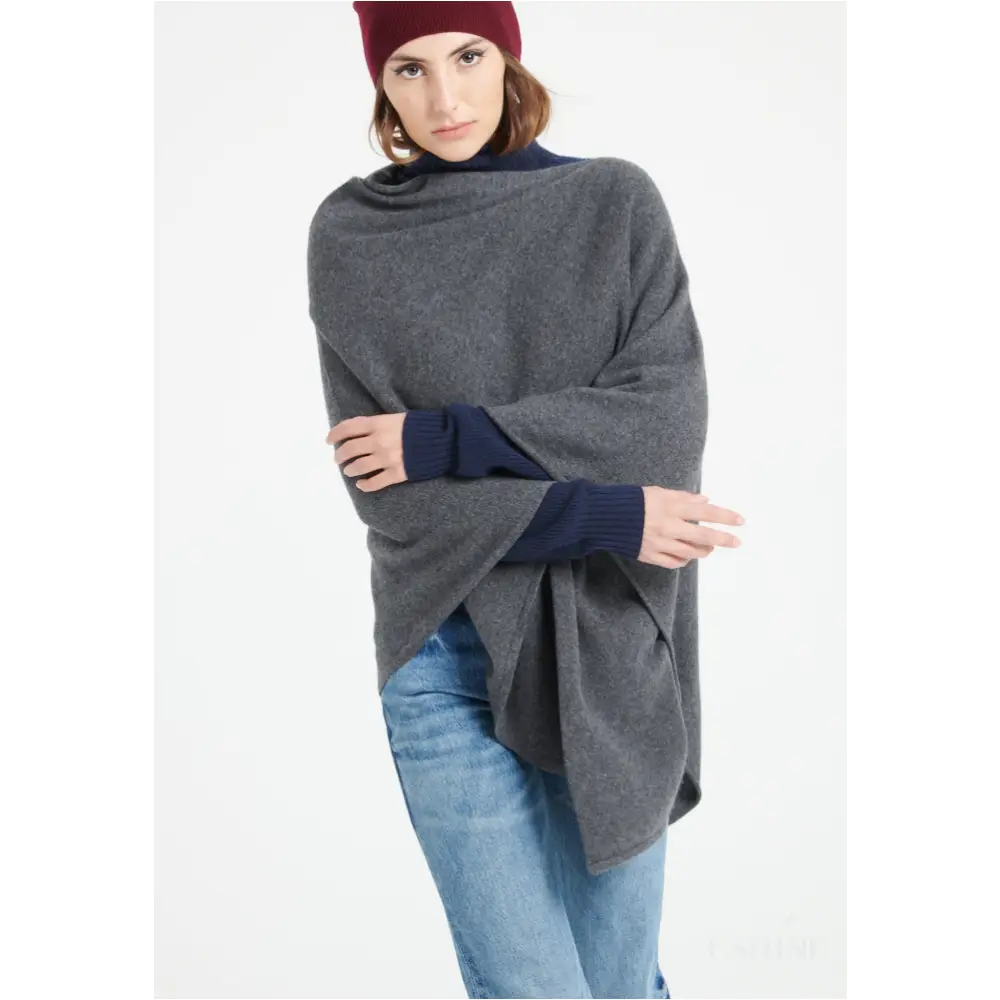 LILLY 9 Poncho col V en cachemire gris anthracite-2