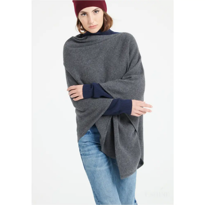 LILLY 9 Poncho col V en cachemire gris anthracite-2