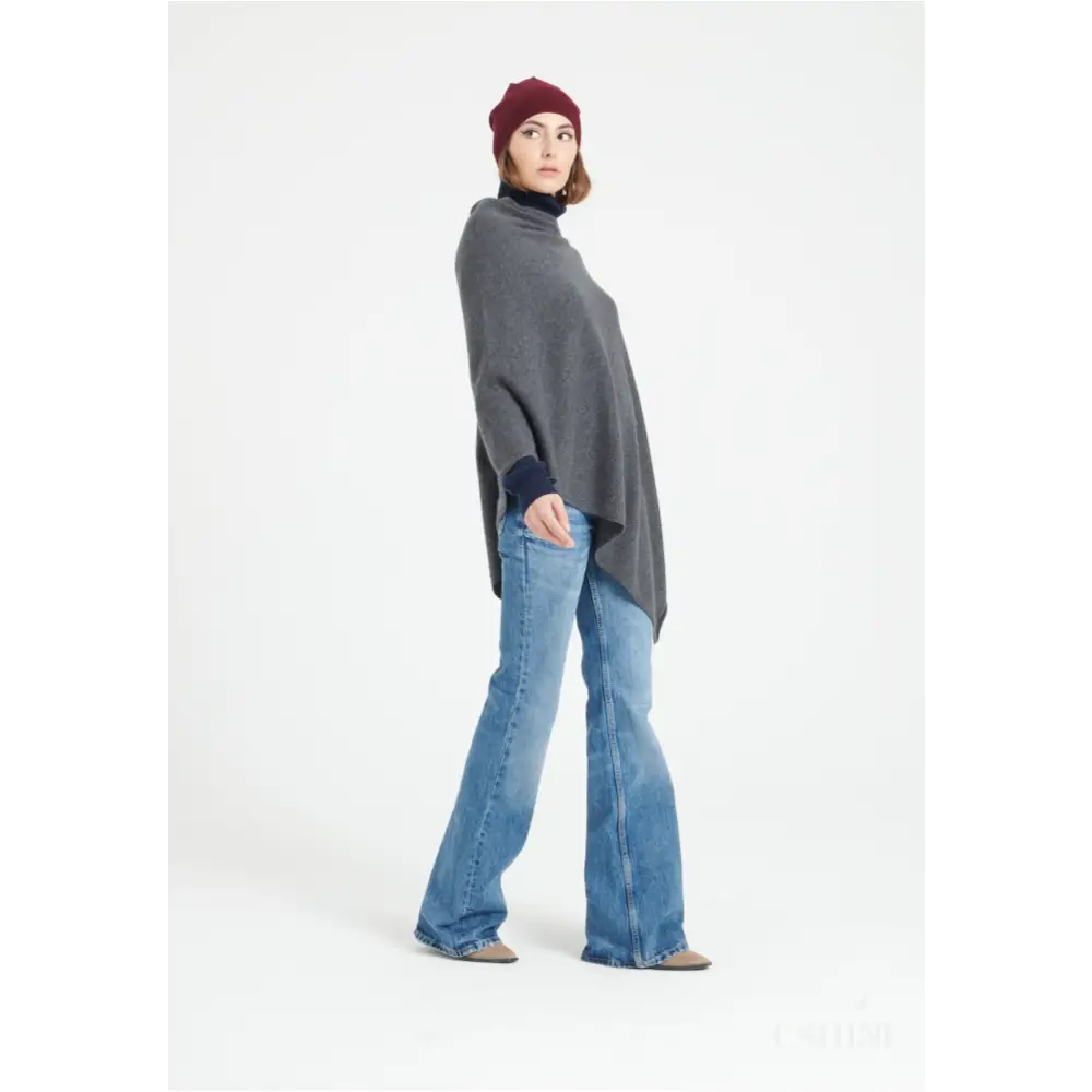 LILLY 9 Poncho col V en cachemire gris anthracite-3