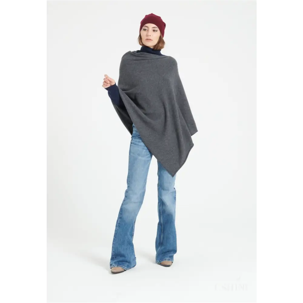 LILLY 9 Poncho col V en cachemire gris anthracite-1