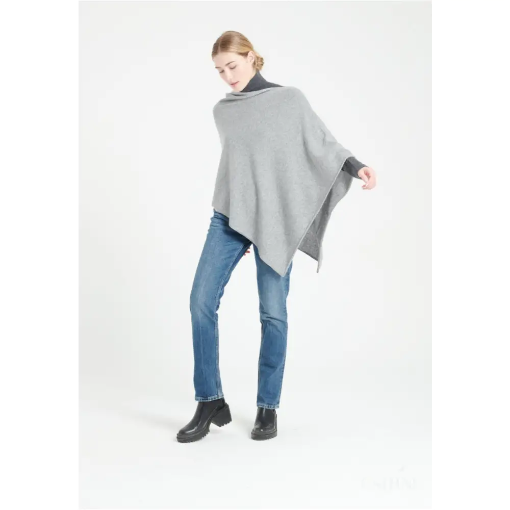 LILLY 9 Poncho col V en cachemire gris clair-3