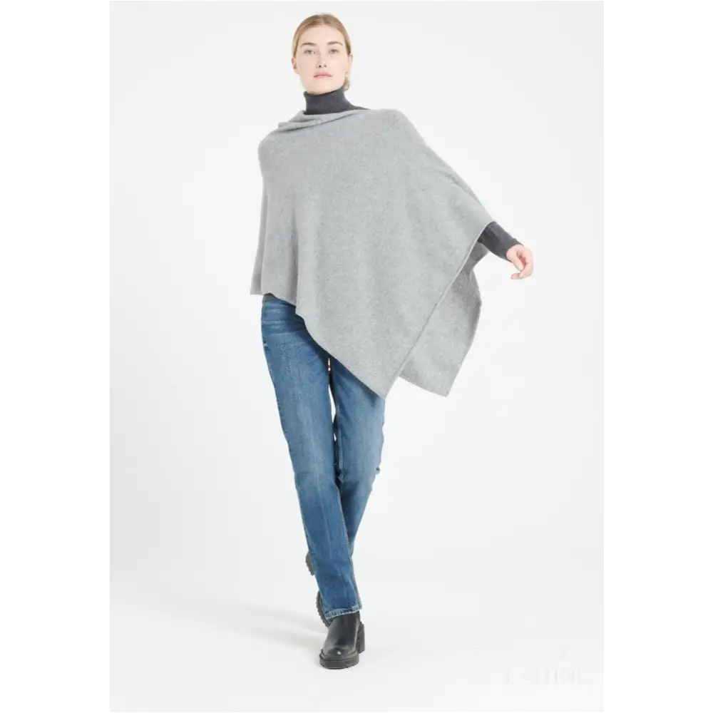 LILLY 9 Poncho col V en cachemire gris clair-1