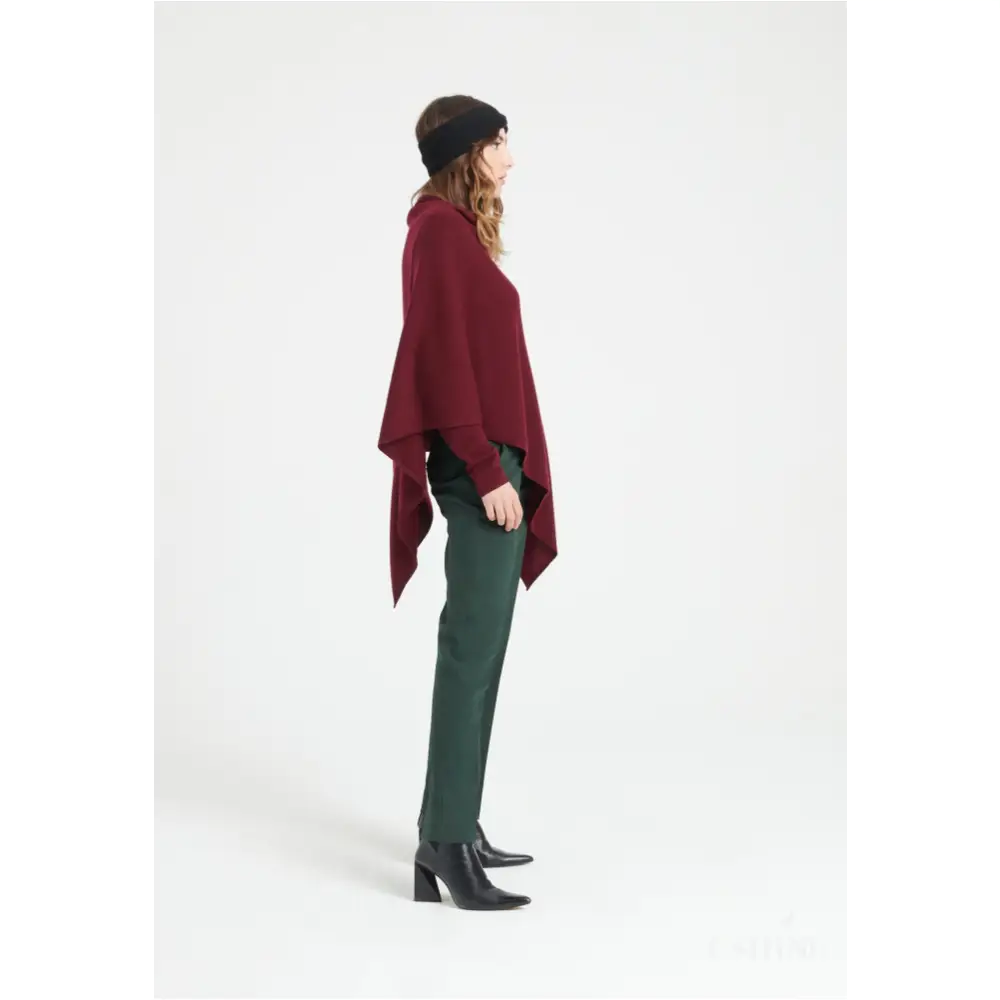 LILLY 9 Poncho col V en cachemire rouge bordeaux-2