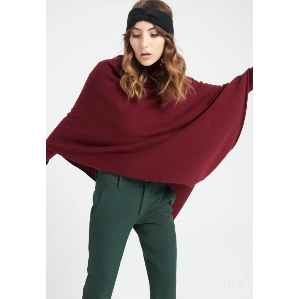 LILLY 9 Poncho col V en cachemire rouge bordeaux-3