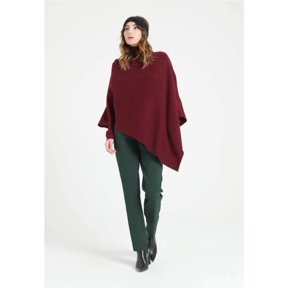 LILLY 9 Poncho col V en cachemire rouge bordeaux-0