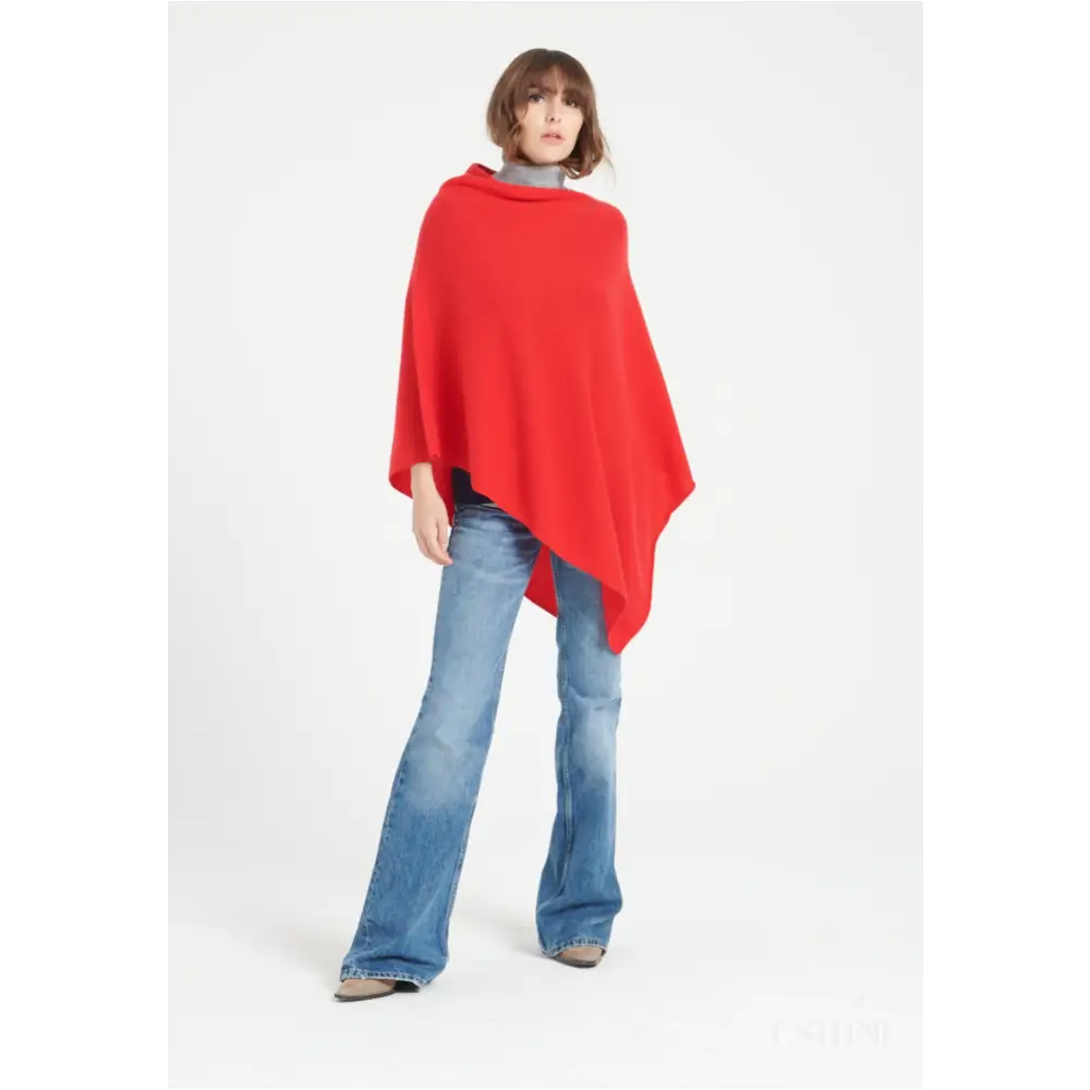 LILLY 9 Poncho col V en cachemire rouge-1