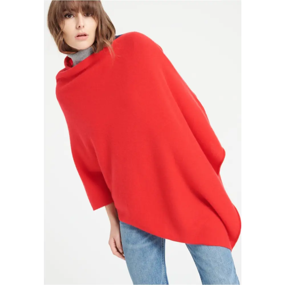 LILLY 9 Poncho col V en cachemire rouge-0