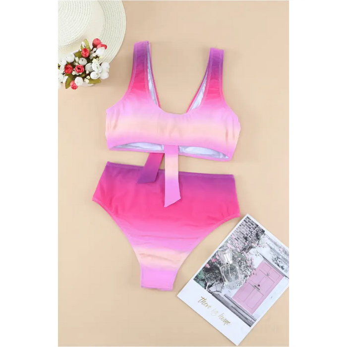 Maillot de bain bikini noué à col en V violet dégradé-6