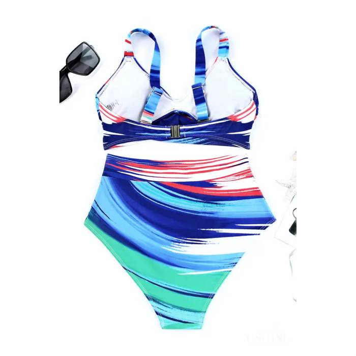 Maillot de bain taille haute torsadée à imprimé abstrait multicolore-10