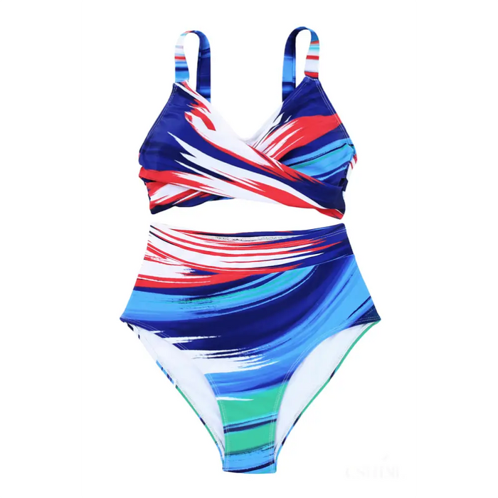 Maillot de bain taille haute torsadée à imprimé abstrait multicolore-18