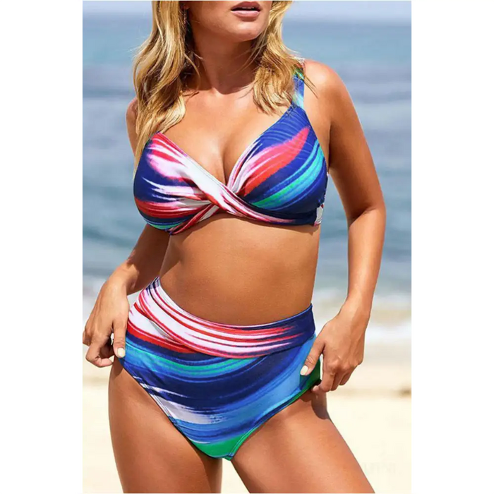 Maillot de bain taille haute torsadée à imprimé abstrait multicolore-8