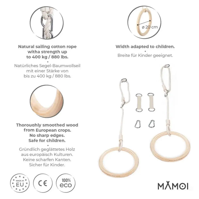 MAMOI® Anneaux gymnastique, Anneau balancoire en bois, Trapèze cirque, Balançoire trapeze pour bebe, Barre de gymnastique et accessoire de gym pour bébé-1