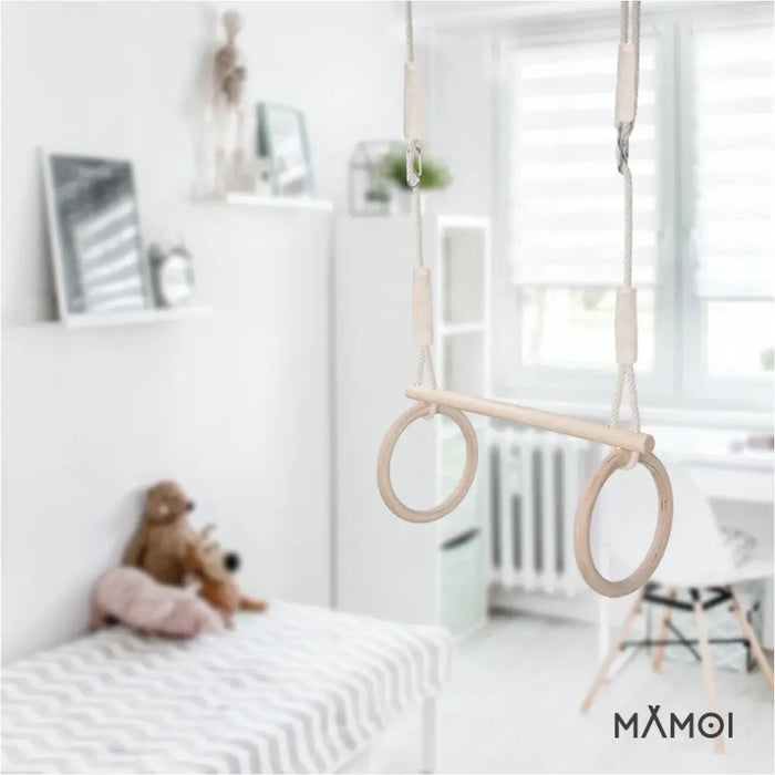 MAMOI® Anneaux gymnastique, Anneau balancoire en bois, Trapèze cirque, Balançoire trapeze pour bebe, Barre de gymnastique et accessoire de gym pour bébé-5