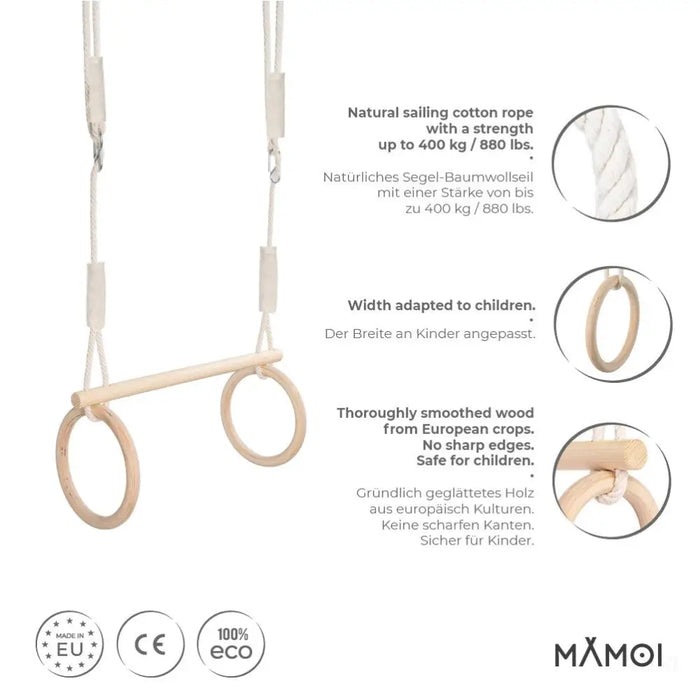 MAMOI® Anneaux gymnastique, Anneau balancoire en bois, Trapèze cirque, Balançoire trapeze pour bebe, Barre de gymnastique et accessoire de gym pour bébé-2