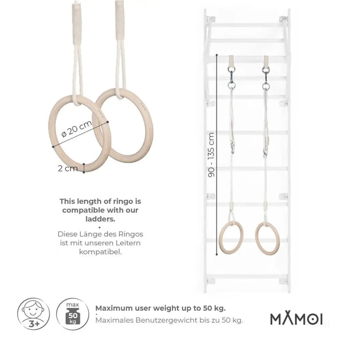 MAMOI® Anneaux gymnastique, Anneau balancoire en bois, Trapèze cirque, Balançoire trapeze pour bebe, Barre de gymnastique et accessoire de gym pour bébé-2