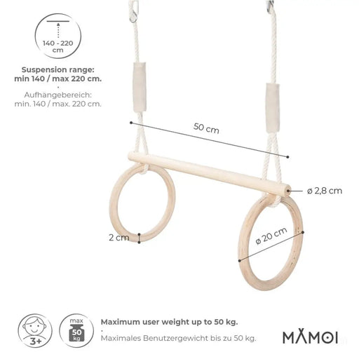 MAMOI® Anneaux gymnastique, Anneau balancoire en bois, Trapèze cirque, Balançoire trapeze pour bebe, Barre de gymnastique et accessoire de gym pour bébé-1