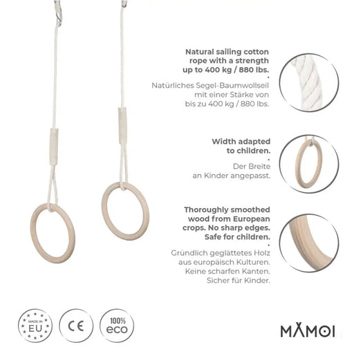 MAMOI® Anneaux gymnastique, Anneau balancoire en bois, Trapèze cirque, Balançoire trapeze pour bebe, Barre de gymnastique et accessoire de gym pour bébé-1