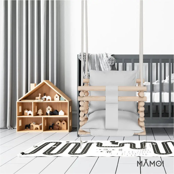 MAMOI® Balancoire bebe pour interieur, Siege balançoire pour bébé, Balancelle de coton en bois naturel, Baby swing pour enfant  à partir de 1 an, 3 en 1-6