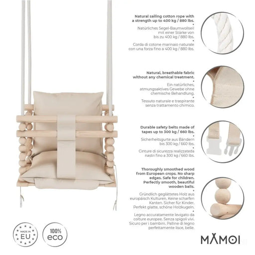 MAMOI® Balancoire bebe pour interieur, Siege balançoire pour bébé, Balancelle de coton en bois naturel, Baby swing pour enfant  à partir de 1 an, 3 en 1-1