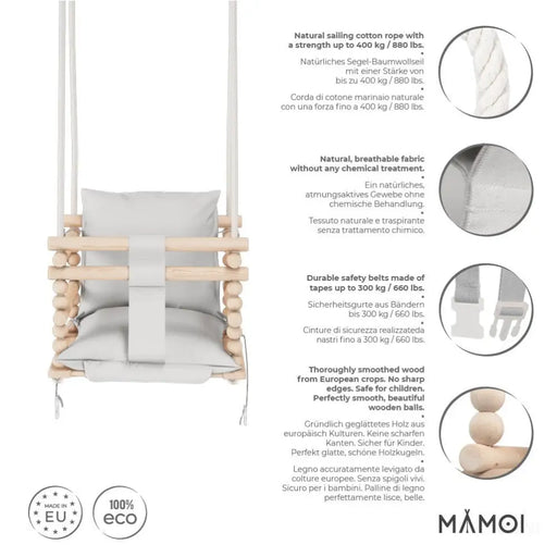 MAMOI® Balancoire bebe pour interieur, Siege balançoire pour bébé, Balancelle de coton en bois naturel, Baby swing pour enfant  à partir de 1 an, 3 en 1-1