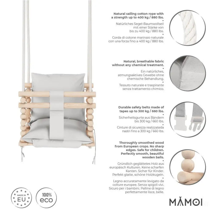 MAMOI® Balancoire bebe pour interieur, Siege balançoire pour bébé, Balancelle de coton en bois naturel, Baby swing pour enfant  à partir de 1 an, 3 en 1-1