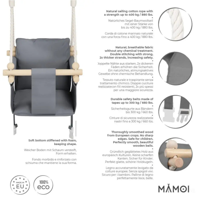 MAMOI® Balancoire interieur pour bebe et enfants, Siege balançoire en bois et en coton pour bébé, Balansoire pour enfant, Balancelle scandinave, Baby swing-2