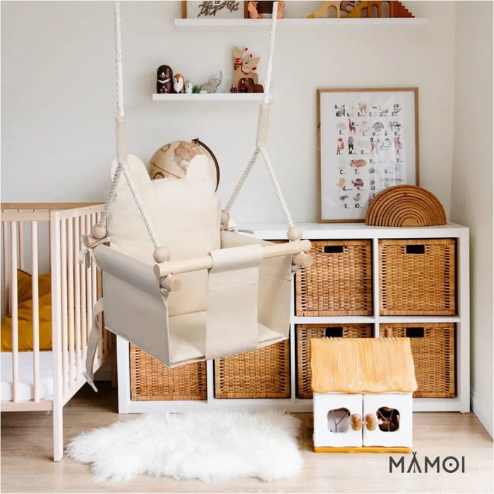 MAMOI® Balancoire interieur pour bebe et enfants, Siege balançoire en bois et en coton pour bébé, Balansoire pour enfant, Balancelle scandinave, Baby swing-5